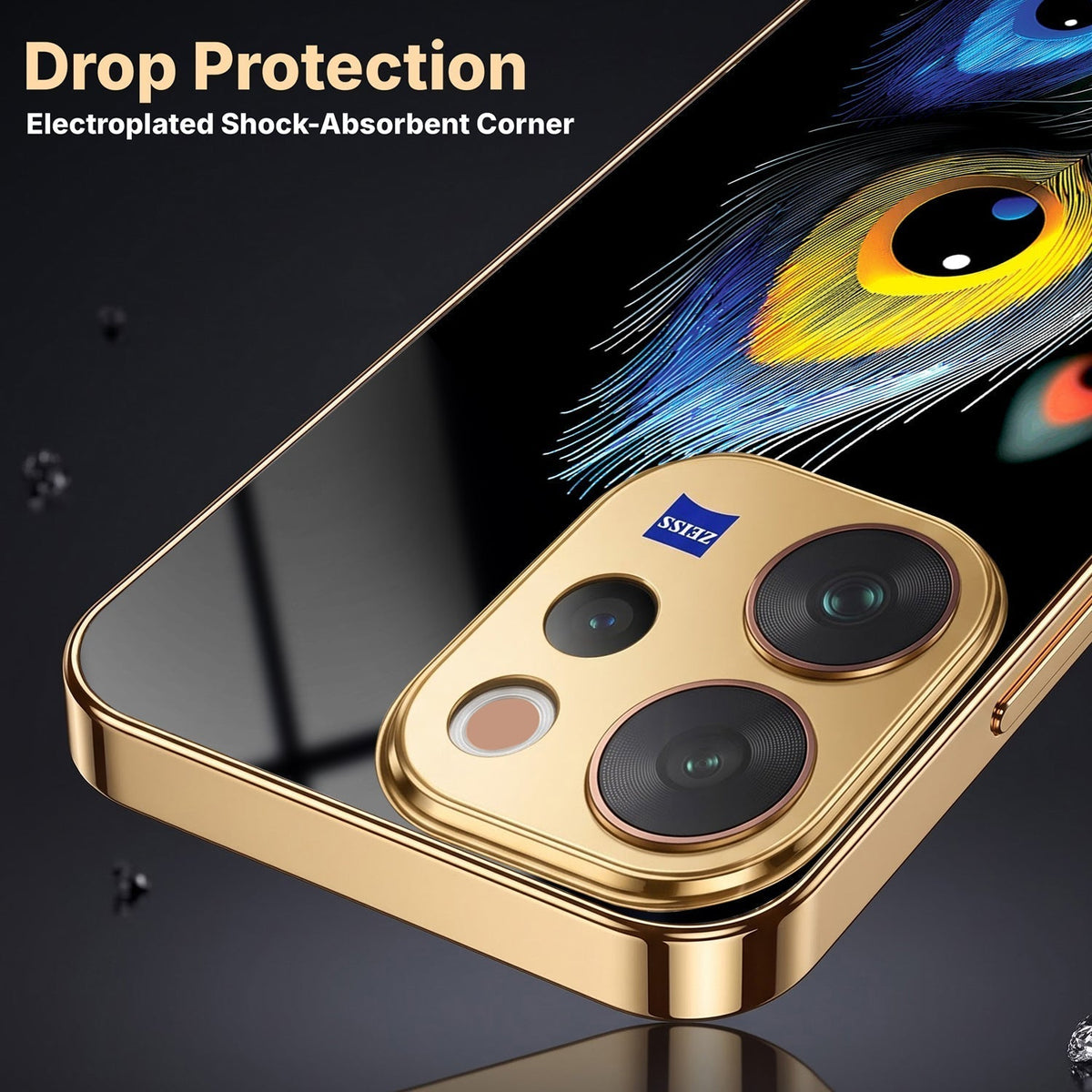 Vivo V70 5G Multi-Feather Peacock Gold Electroplated Glass Phone Back Case