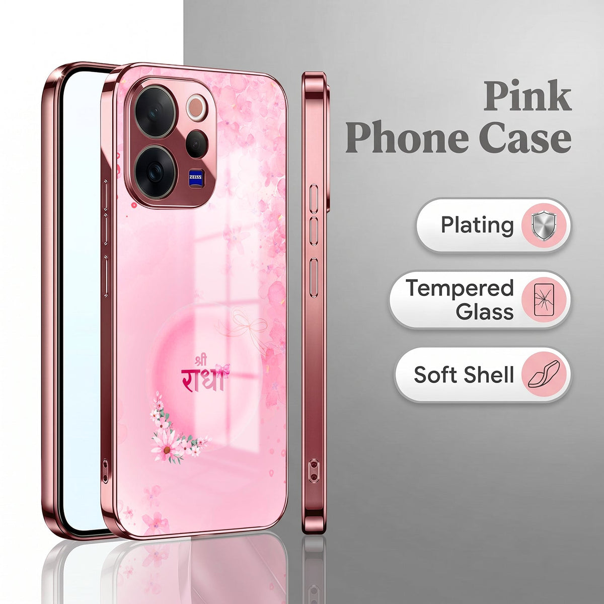 Vivo V70 5G Luxury Shree Radha Pink Electroplated Glass Phone Back Case
