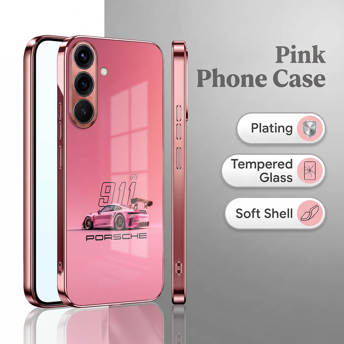 Samsung Galaxy A56 5G Luxury Porsche 911 Pink Electroplated Glass Phone Back Case