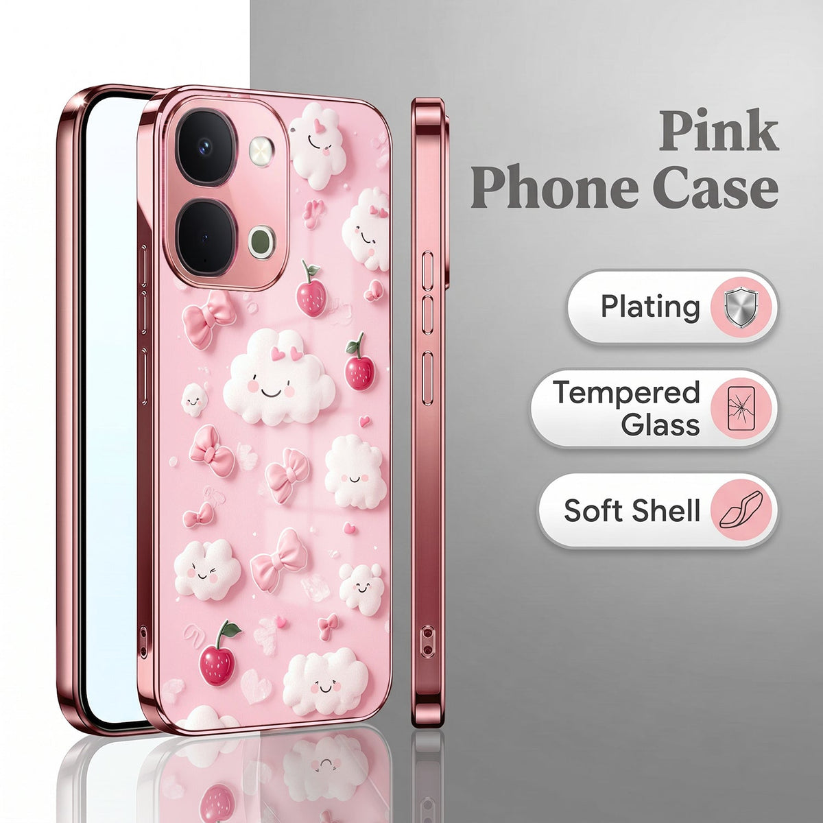Vivo T5x 5G Luxury 3D Clouds Pink Electroplated Glass Phone Back Case