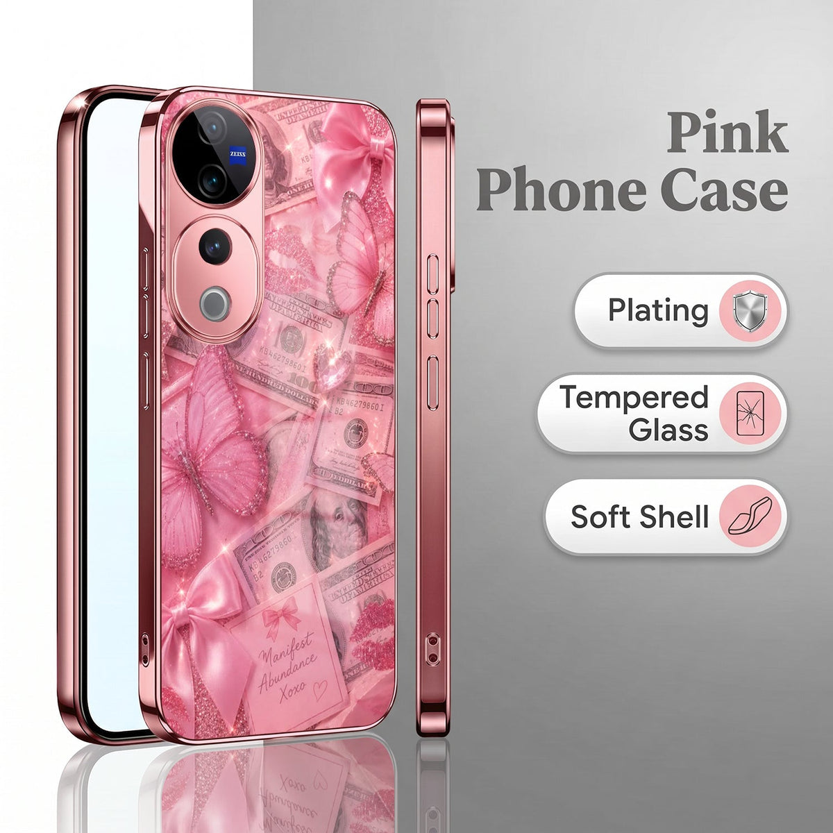 Vivo V40 Pro 5G Luxury Dollar Butterfly Pink Electroplated Glass Phone Back Case