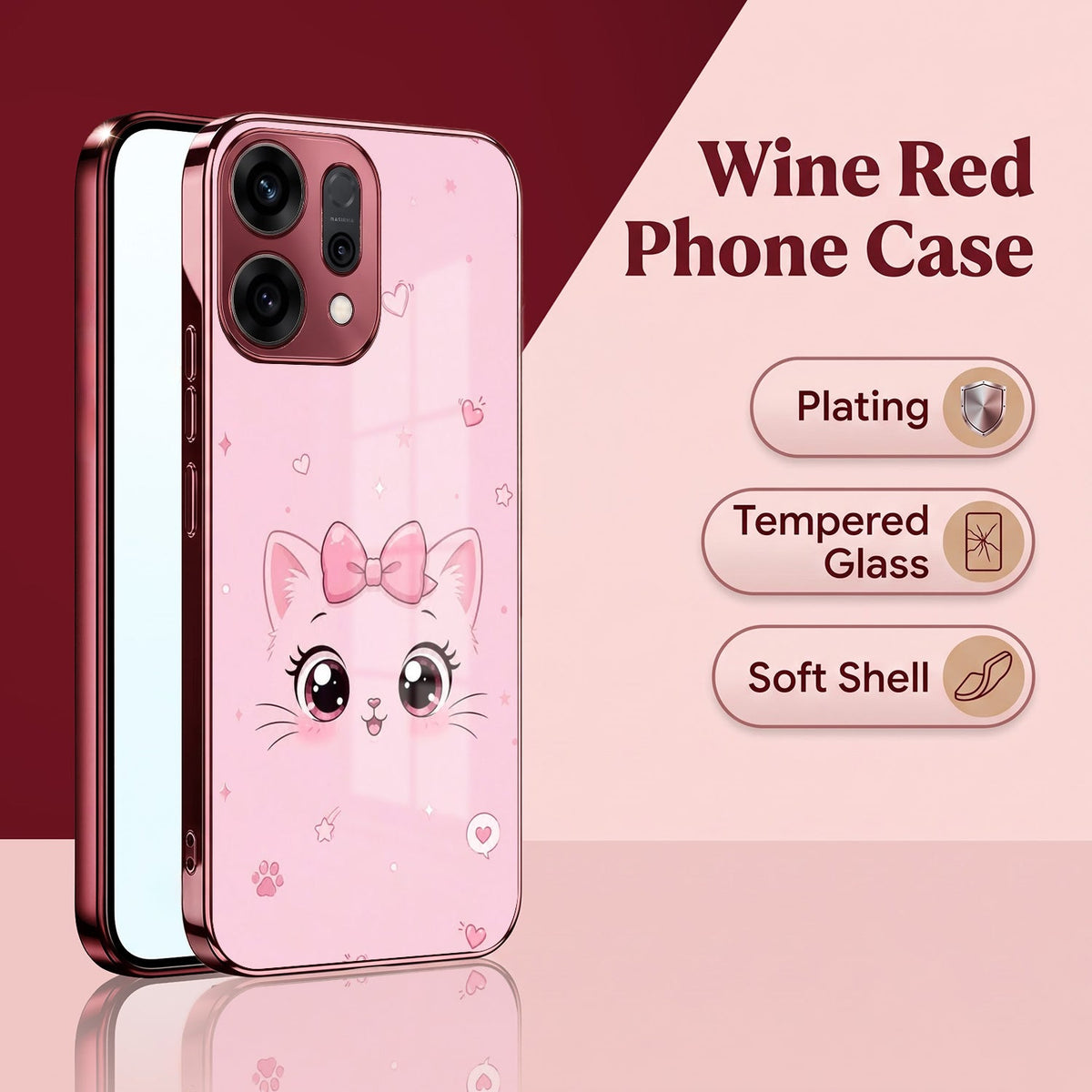 Oppo Reno 14 5G Luxury Cute Cat Pink Electroplated Glass Phone Back Case