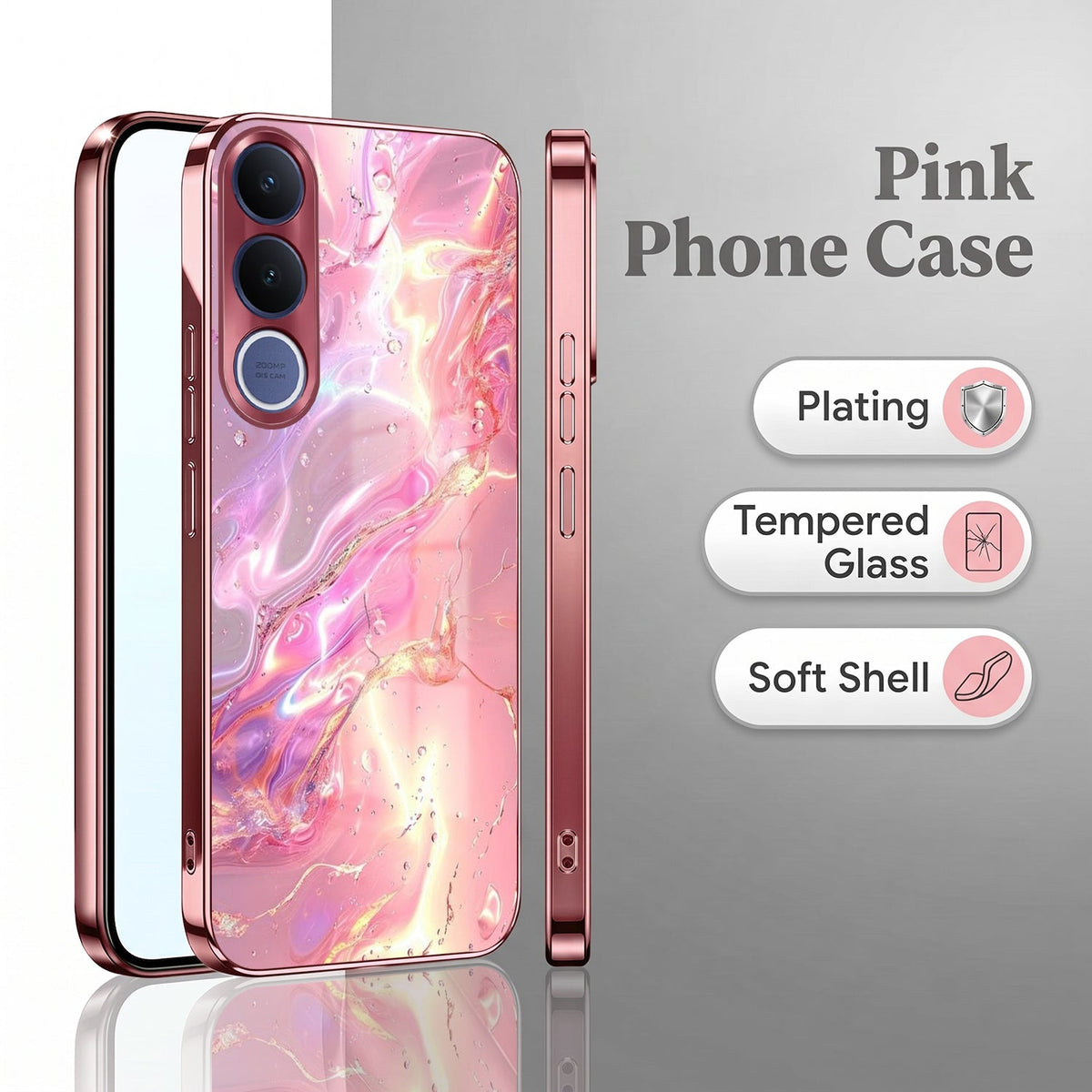 Vivo V70 FE 5G Pearl Aurora Pink Electroplated Glass Phone Back Case