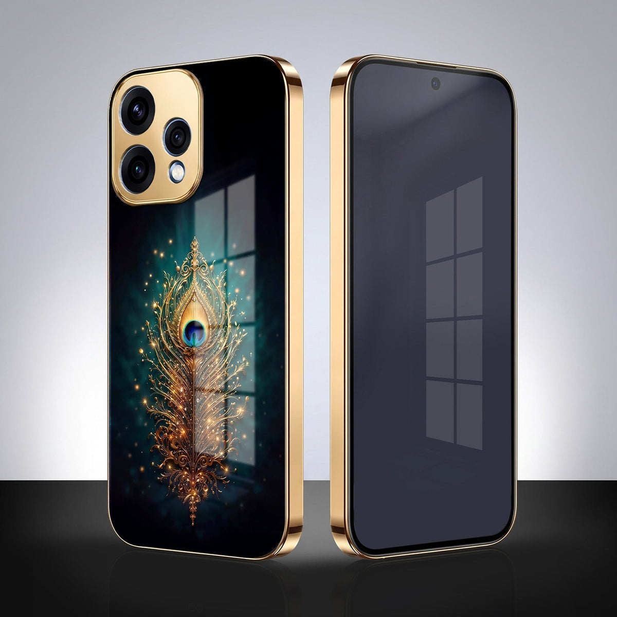 Oppo Reno 15 5G Golden Peacock Feather Gold Electroplated Glass Phone Back Case