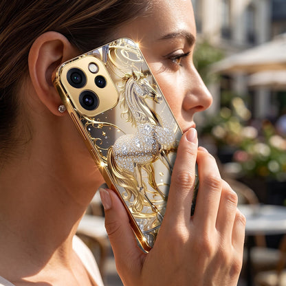 Oppo Reno 15 Pro Mini 5G Luxury Horse Texture Gold Electroplated Glass Phone Back Case