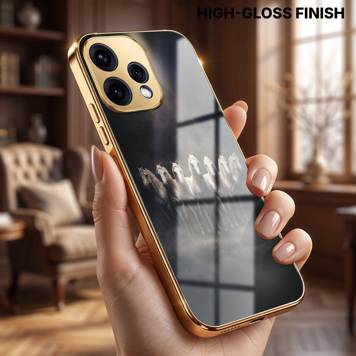 Oppo Reno 15 5G Running Horses Gold Electroplated Glass Phone Back Case