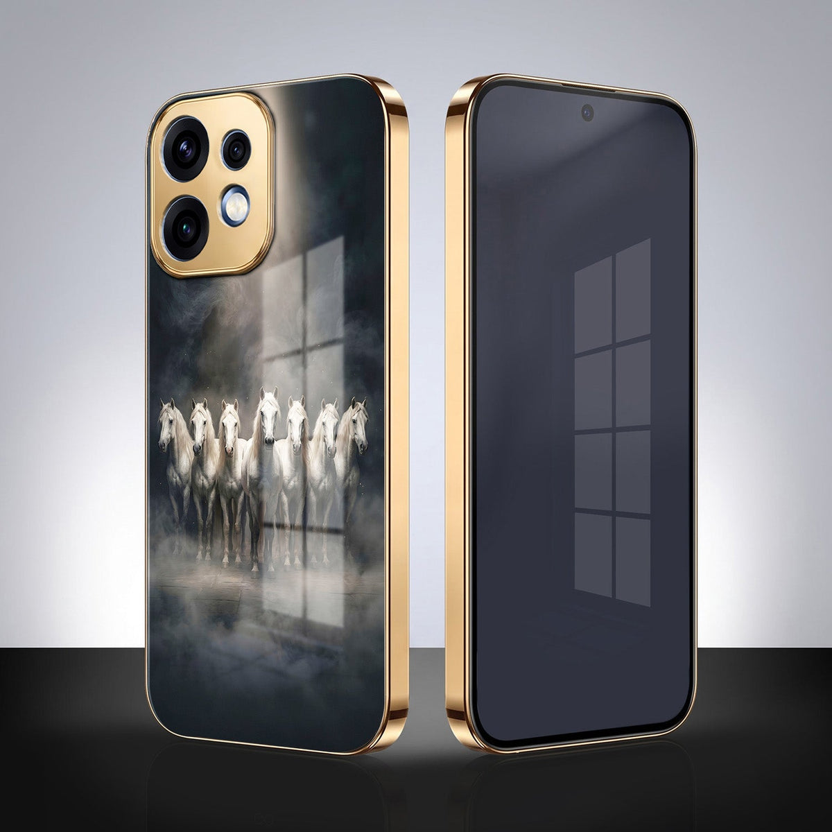 Oppo Reno 16 5G Running Horses Gold Electroplated Glass Phone Back Case