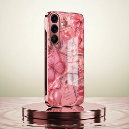 Samsung Galaxy A56 5G Luxury Dollar Butterfly Pink Electroplated Glass Phone Back Case