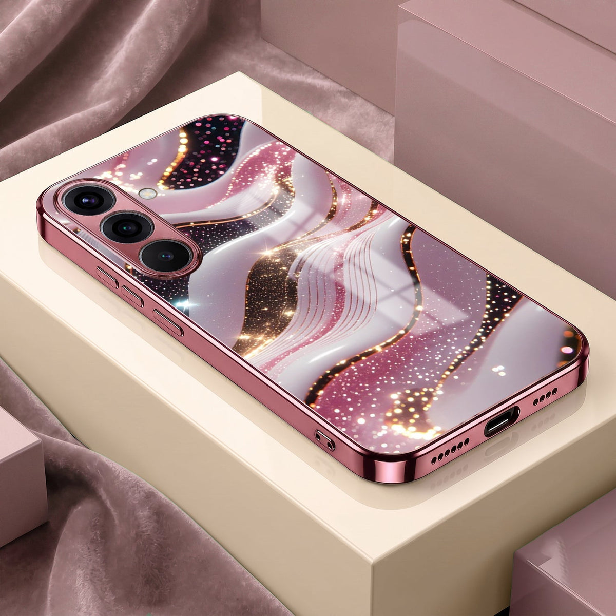 Samsung Galaxy A56 5G Midnight Pearl Wave Pink Electroplated Glass Phone Back Case