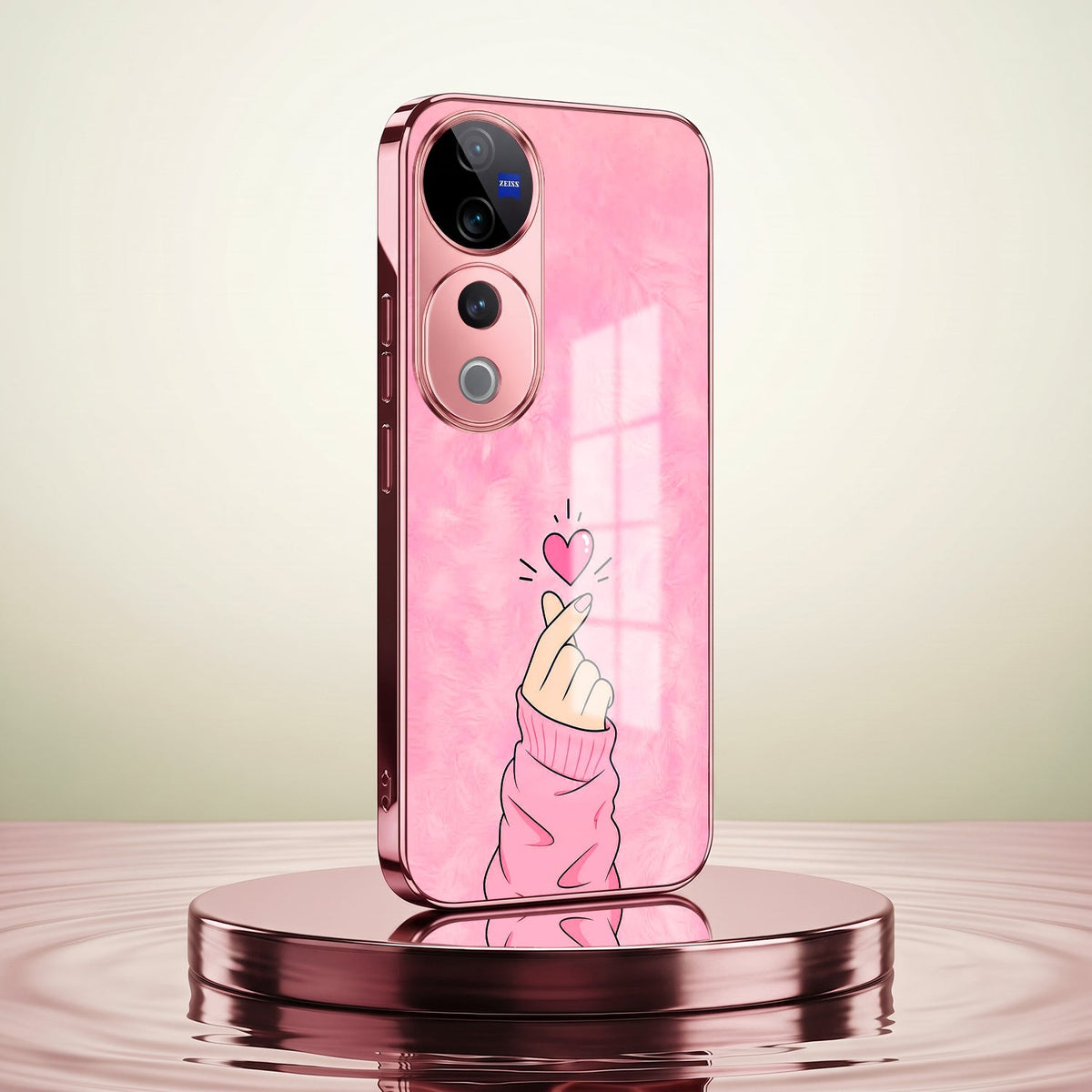 Vivo V40 Pro 5G Luxury Heart Pink Electroplated Glass Phone Back Case