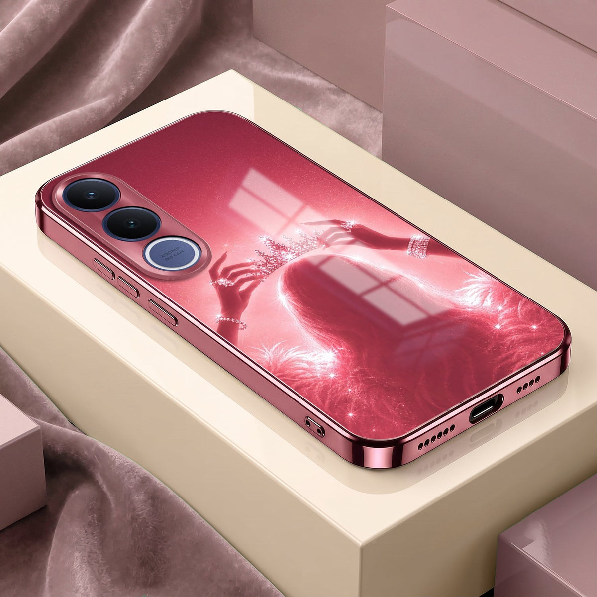 Vivo V70 FE 5G Luxury Crown Queen Pink Electroplated Glass Phone Back Case