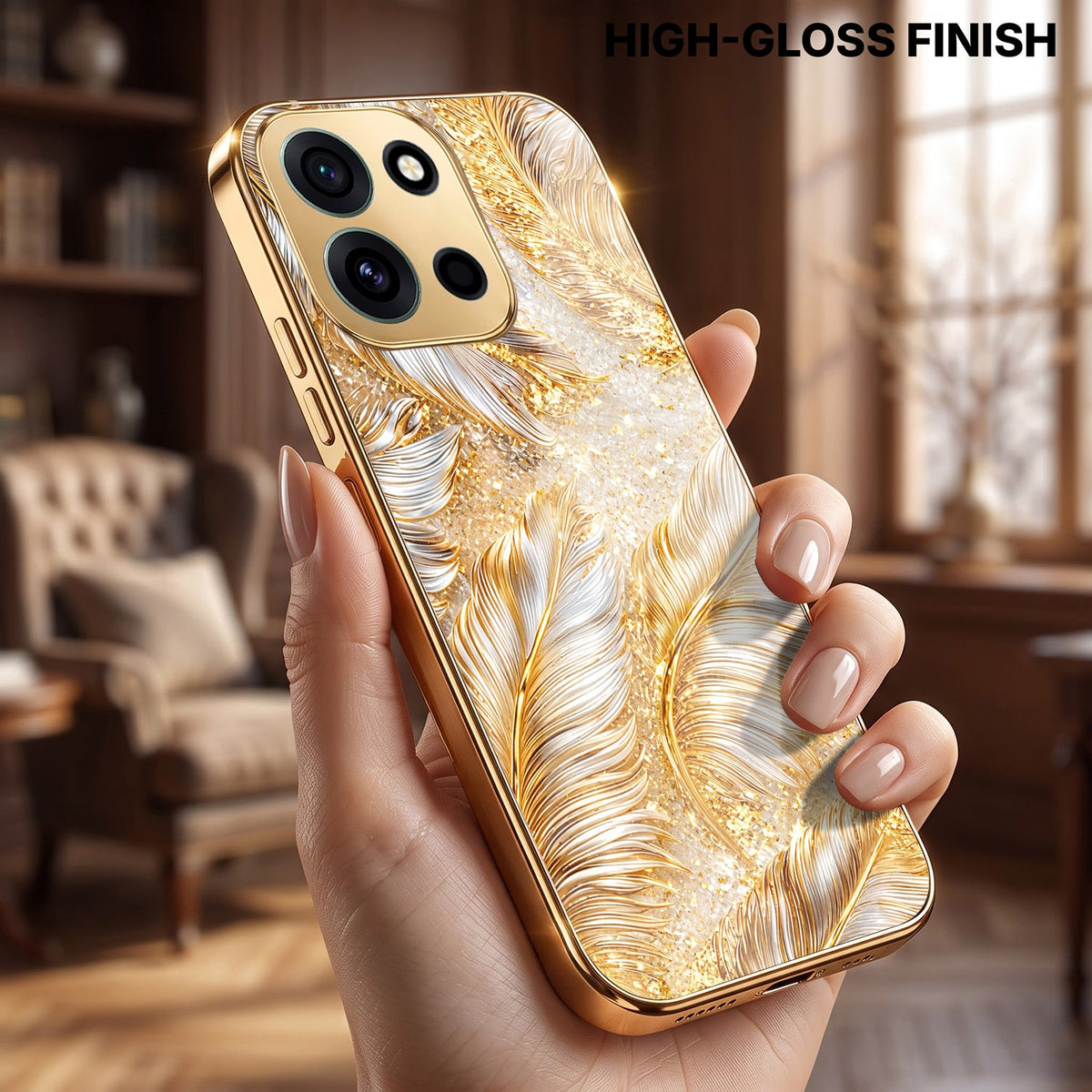 OnePlus Nord 6 5G Golden Feather Marble Gold Electroplated Glass Phone Back Case