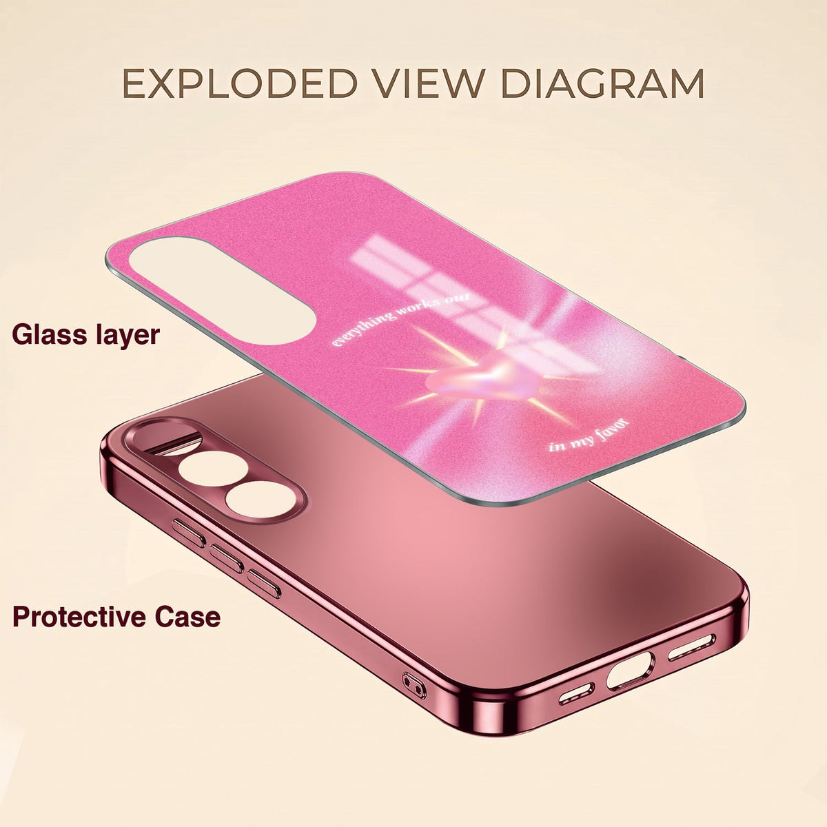 Vivo V70 FE 5G Luxury Glowing Heart Pink Electroplated Glass Phone Back Case
