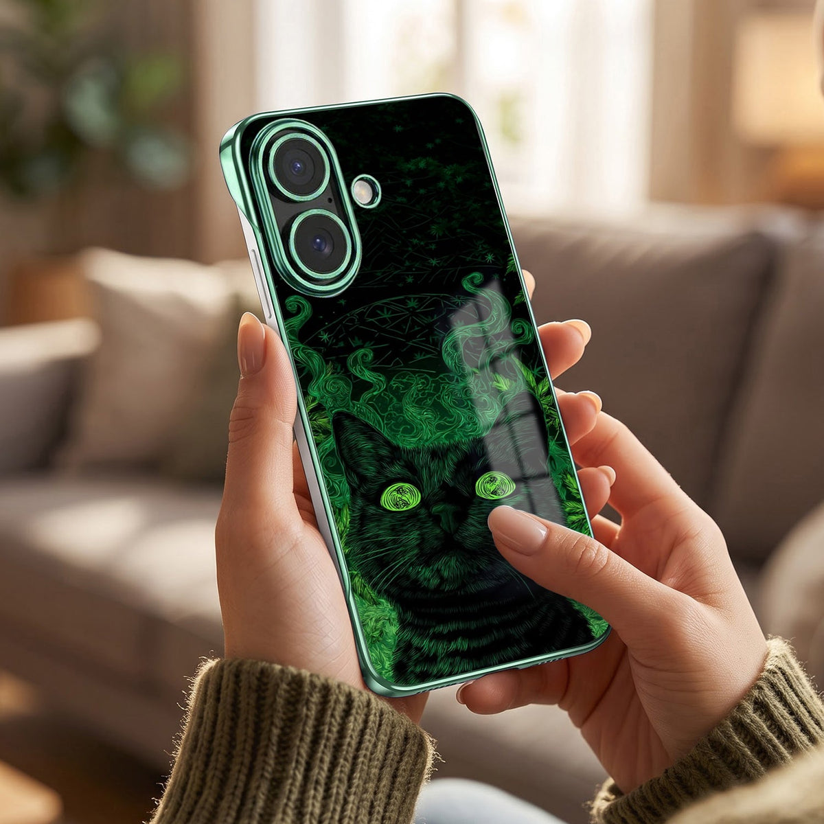 iPhone 16 Plus 5G Mystic Cat Green Printed  Frameless Back Case