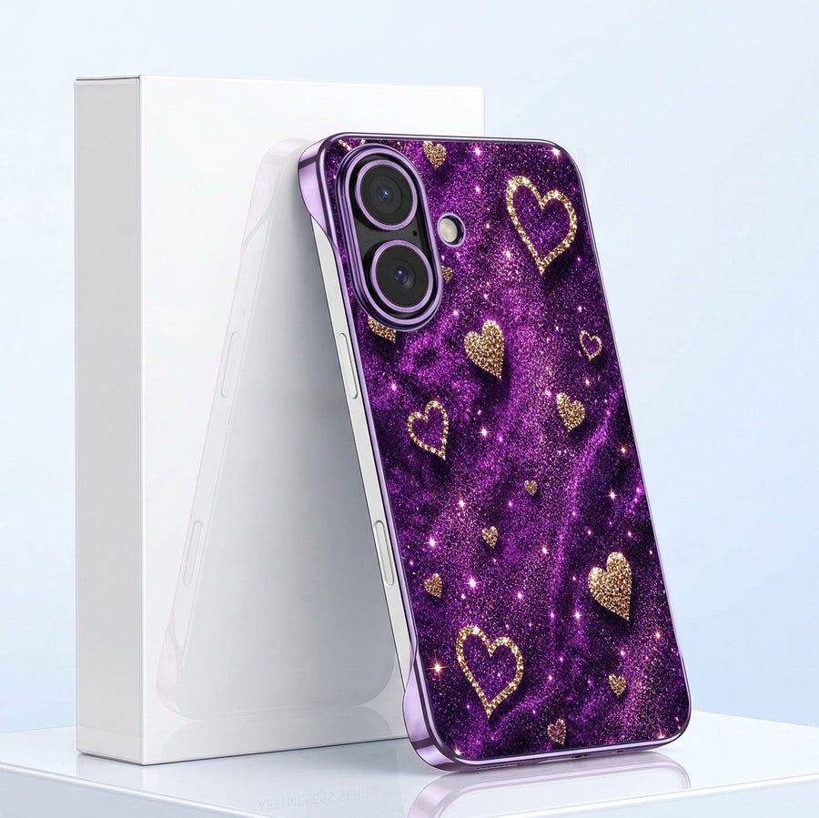 iPhone 16 Plus 5G Glitter Hearts Purple Printed  Frameless Back Case