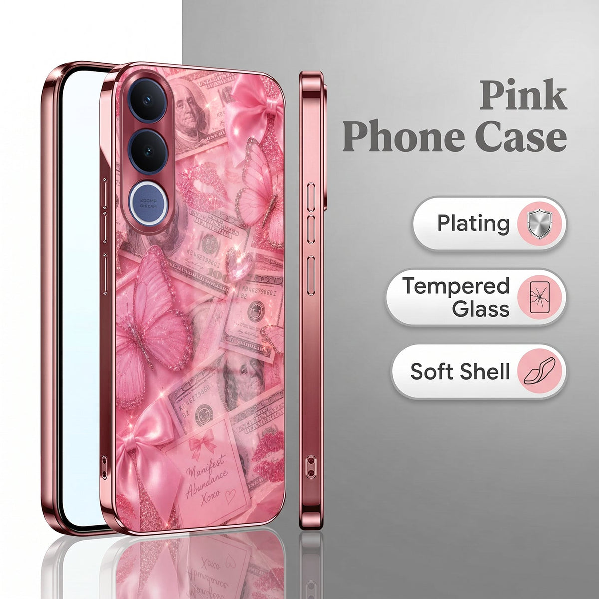 Vivo V70 FE 5G Luxury Dollar Butterfly Pink Electroplated Glass Phone Back Case