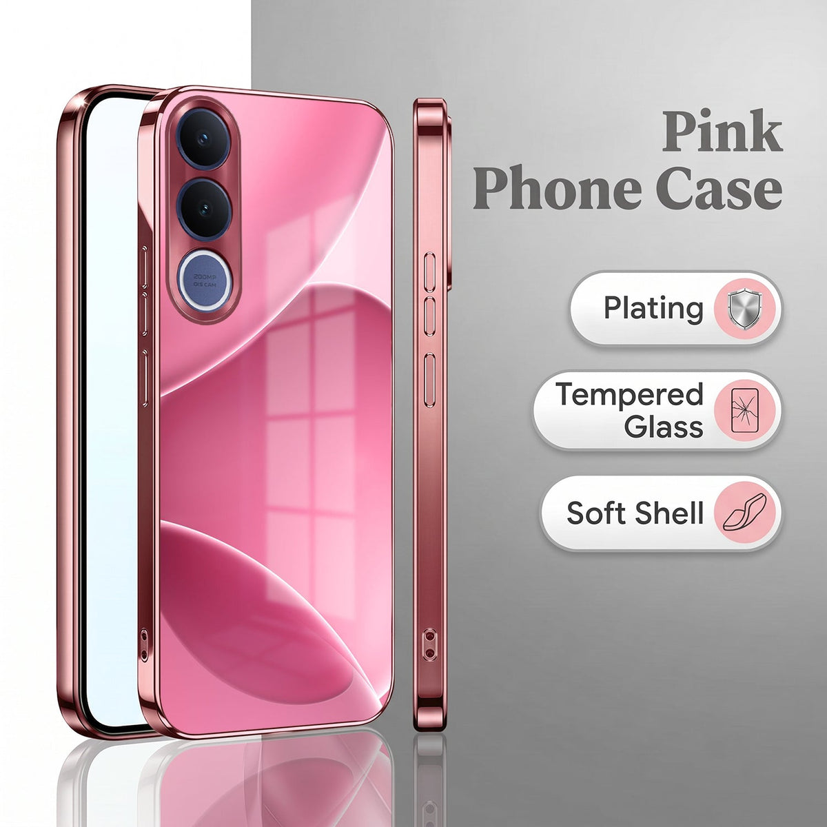 Vivo V70 FE 5G Luxury Glossy Wave Pink Electroplated Glass Phone Back Case