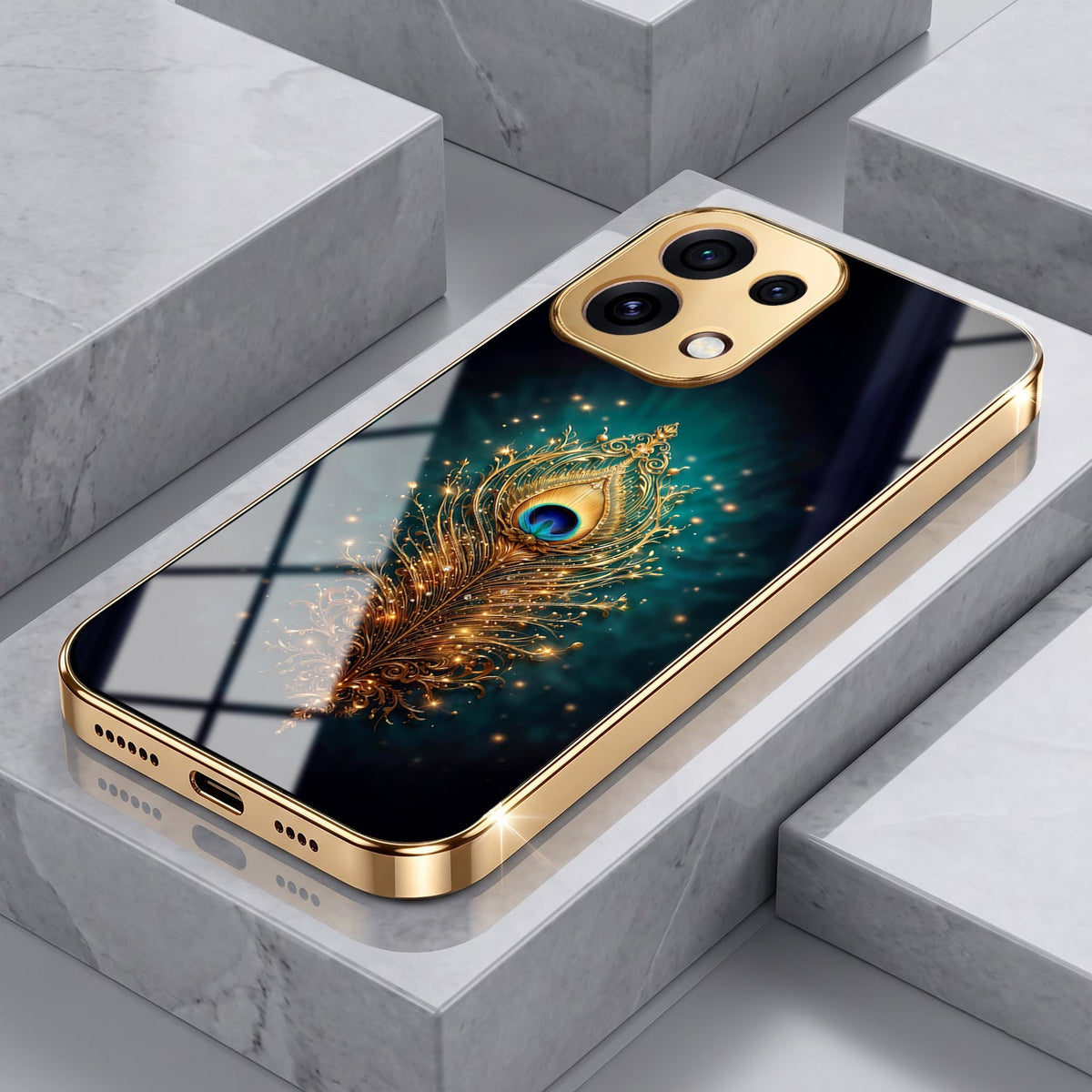 Oppo Reno 16C 5G Golden Peacock Feather Gold Electroplated Glass Phone Back Case