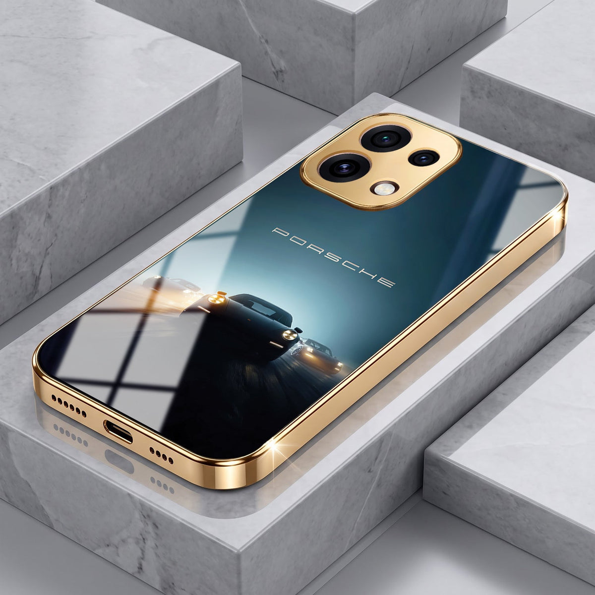 Oppo Reno 16C 5G Porsche Luxury Gold Electroplated Glass Phone Back Case