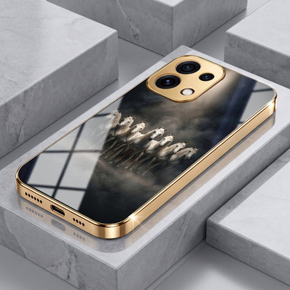 Oppo Reno 16C 5G Running Horses Gold Electroplated Glass Phone Back Case