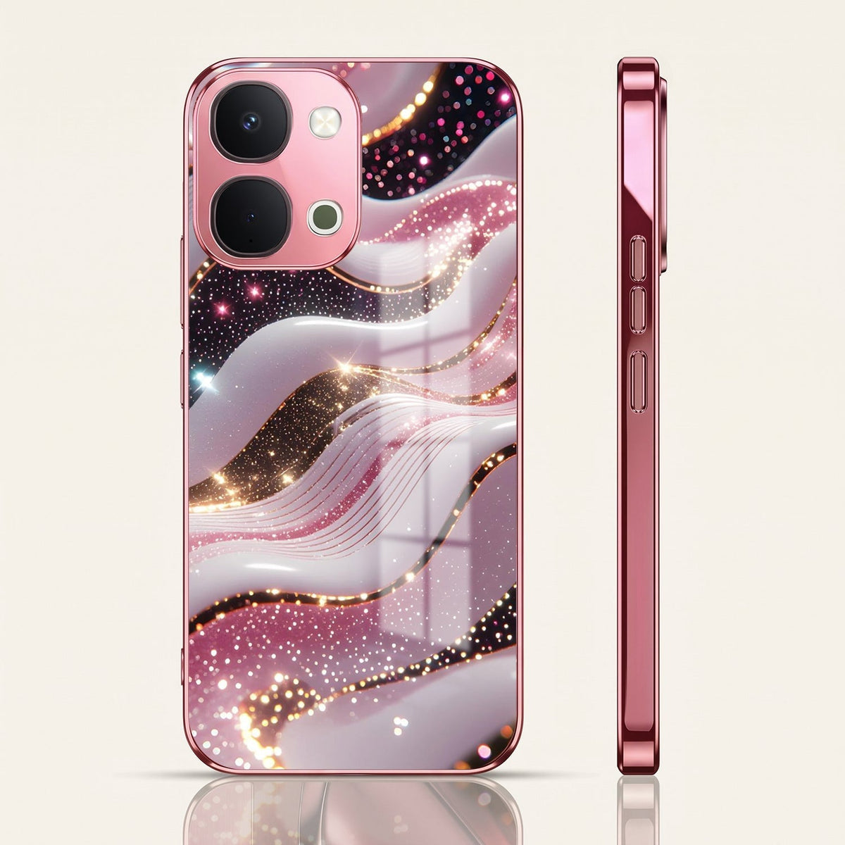 Vivo T5x 5G Midnight Pearl Wave Pink Electroplated Glass Phone Back Case