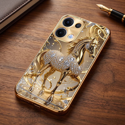 Oppo Reno 13 5G Luxury Horse Texture Gold Electroplated Glass Phone Back Case