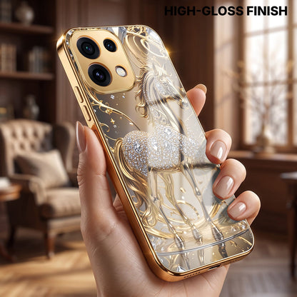 Oppo Reno 16C 5G Luxury Horse Texture Gold Electroplated Glass Phone Back Case