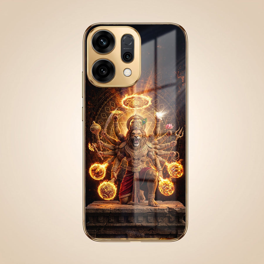 Oppo Reno 14 5G Lord Narasimha Gold Electroplated Glass Phone Back Case