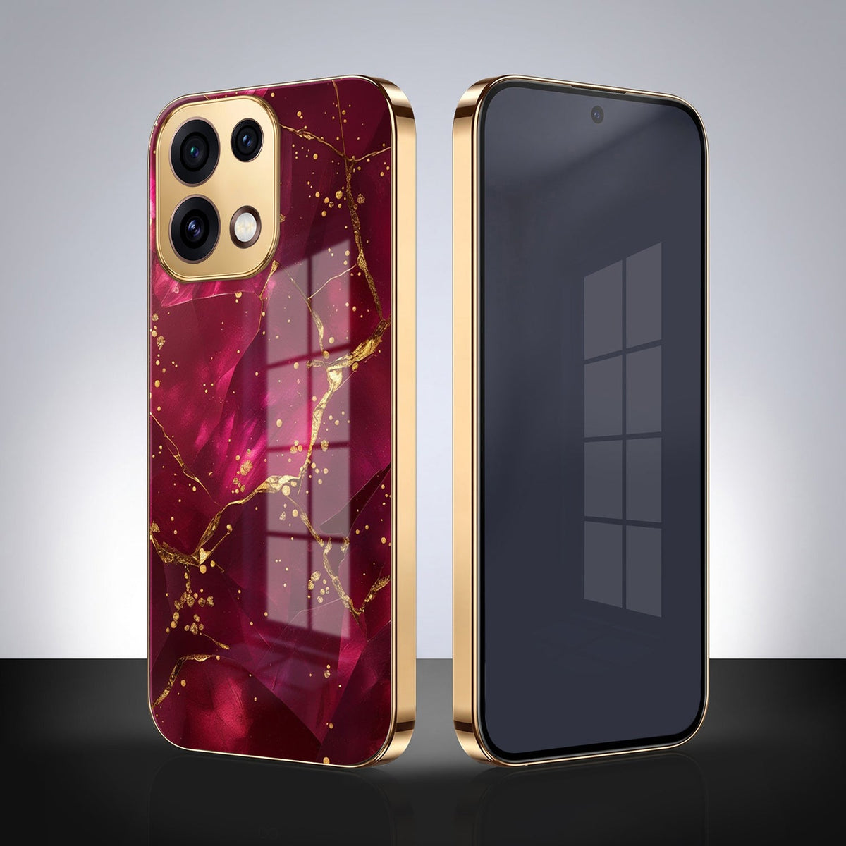 Oppo Reno 16C 5G Luxury Crimson Marble Gold Electroplated Glass Phone Back Case