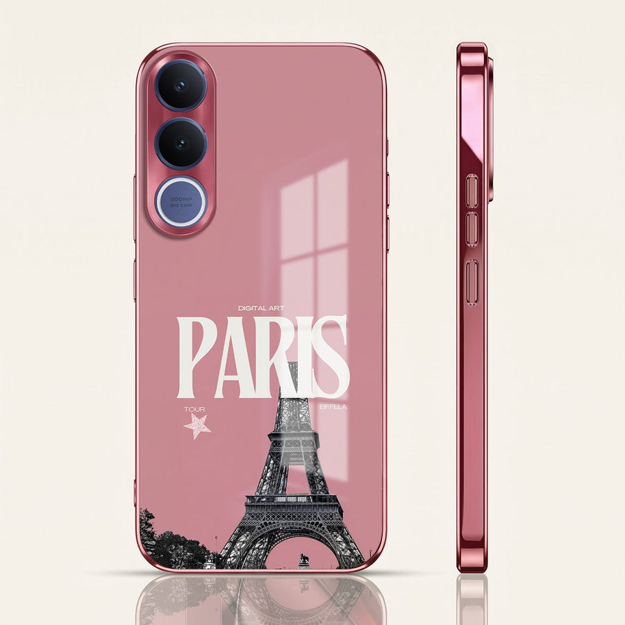 Vivo V70 FE 5G Luxury Paris Tower Pink Electroplated Glass Phone Back Case