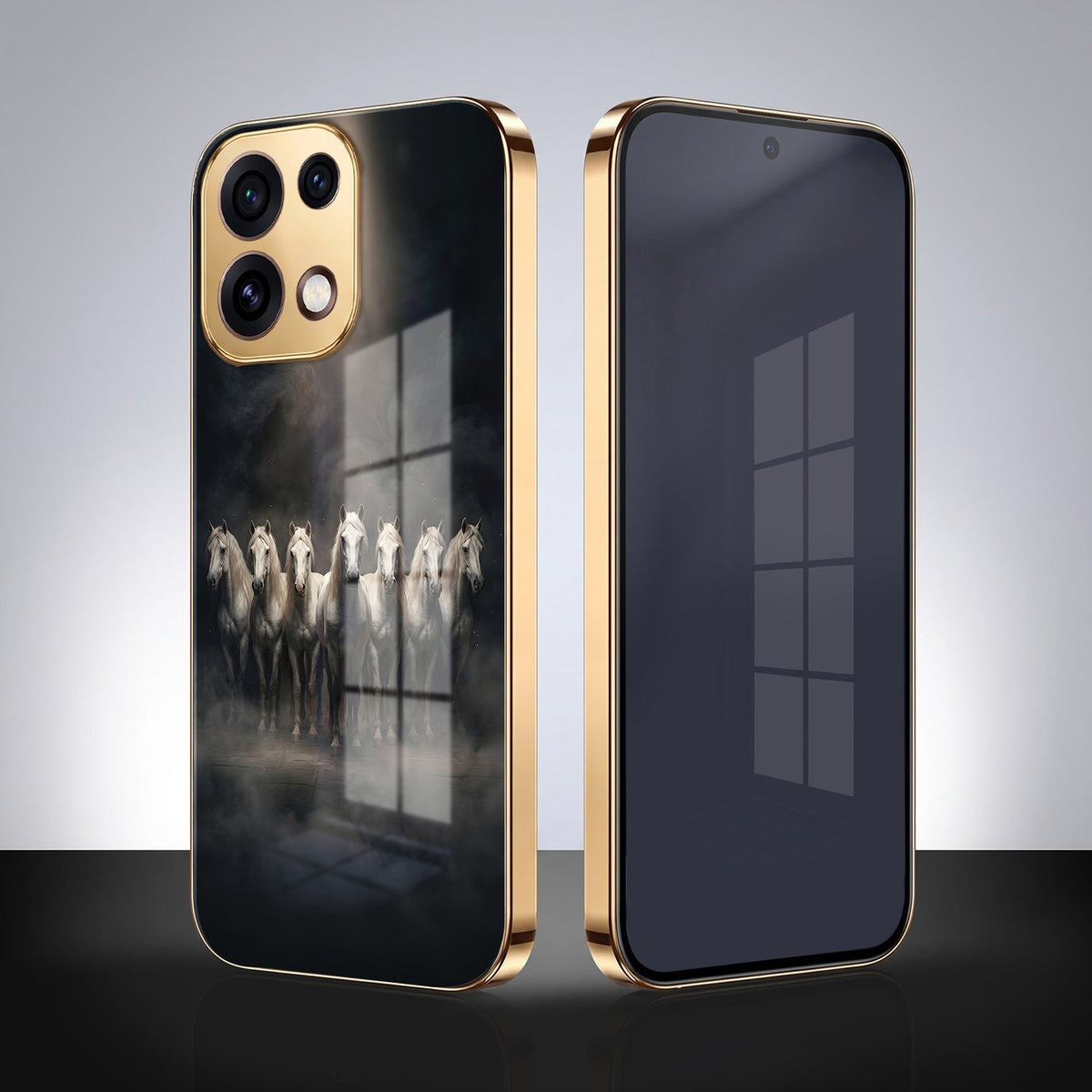 Oppo Reno 16C 5G Running Horses Gold Electroplated Glass Phone Back Case
