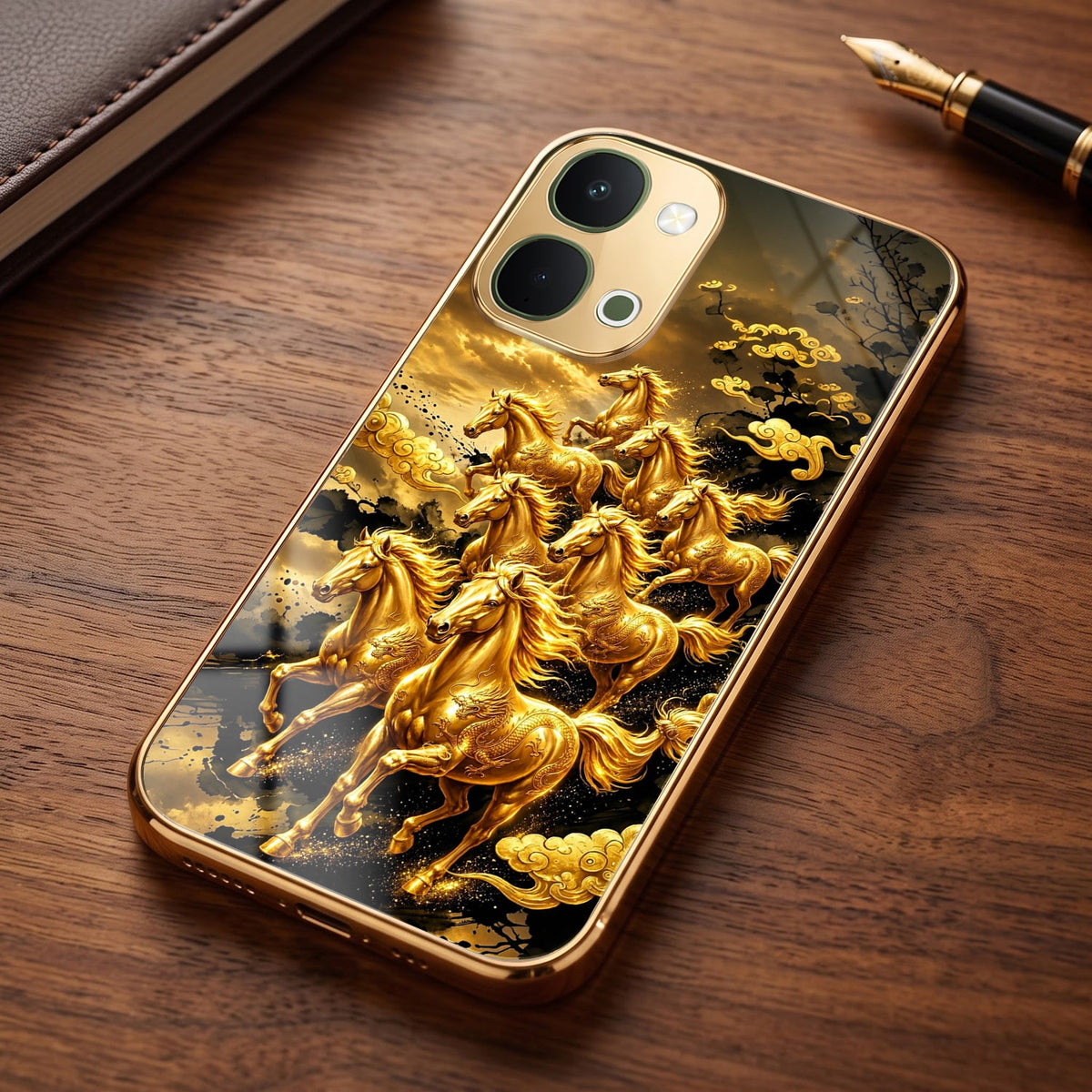 Vivo T5x 5G Horses Royal Glory Gold Electroplated Glass Phone Back Case