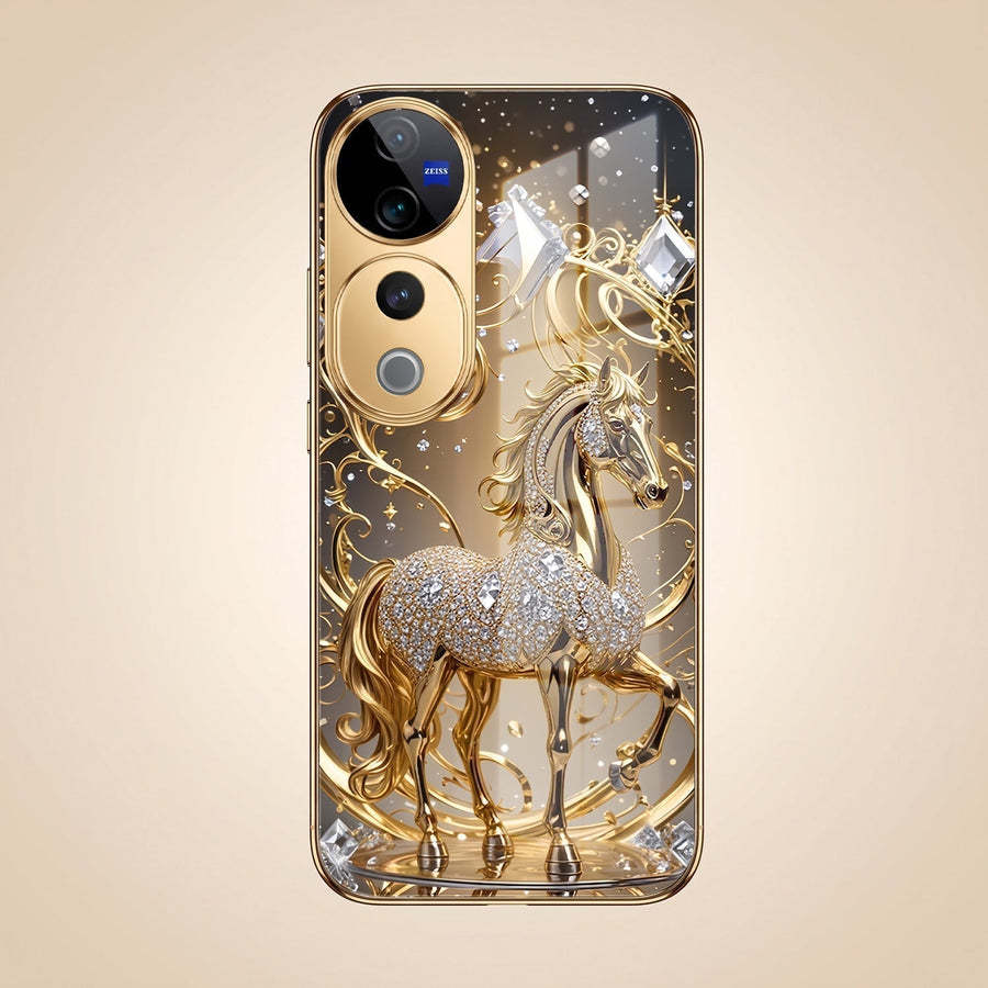 Vivo V40 Pro 5G Luxury Horse Texture Gold Electroplated Glass Phone Back Case