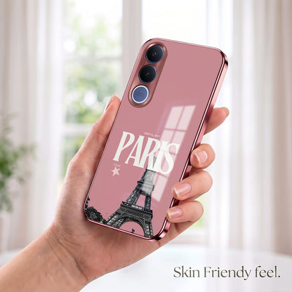 Vivo V70 FE 5G Luxury Paris Tower Pink Electroplated Glass Phone Back Case