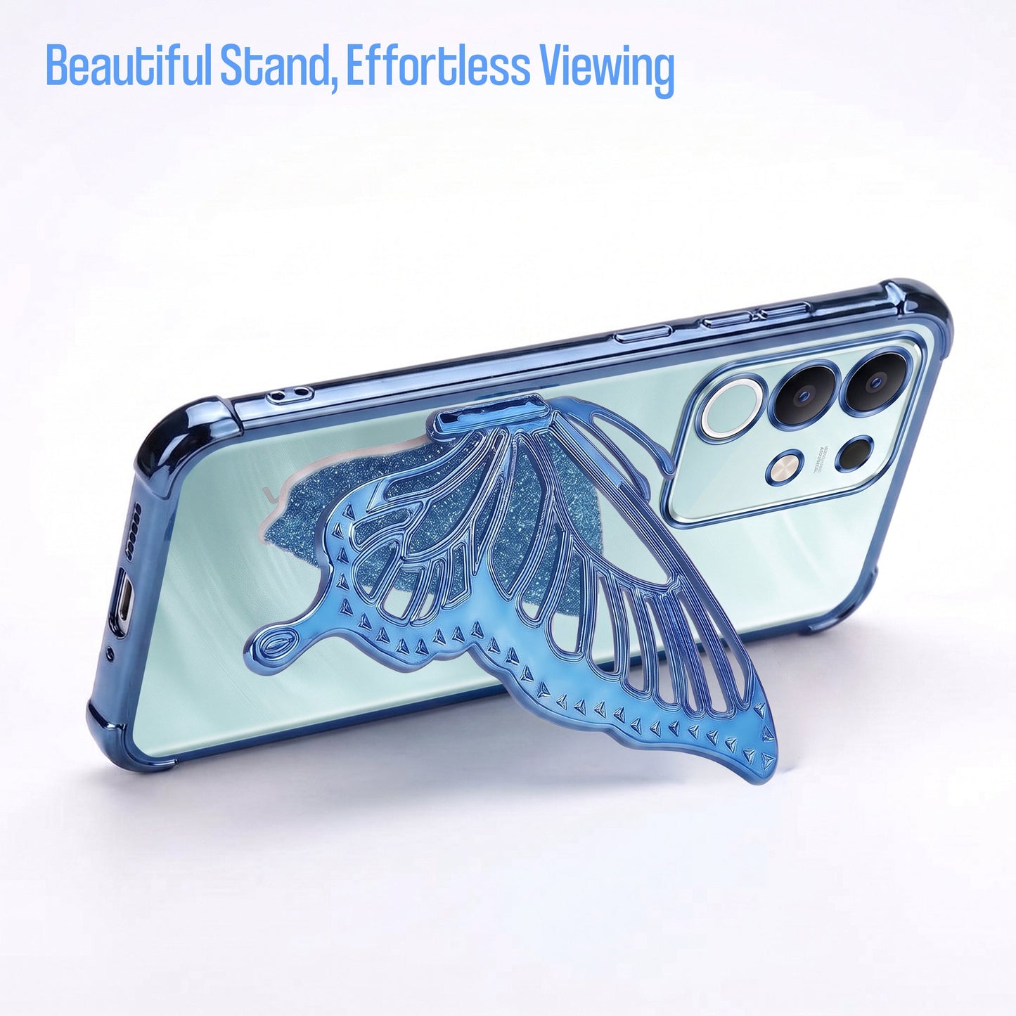 Vivo T4x 5G Premium Butterfly Glitter Stand Transparent Shockproof Airbag Phone Case