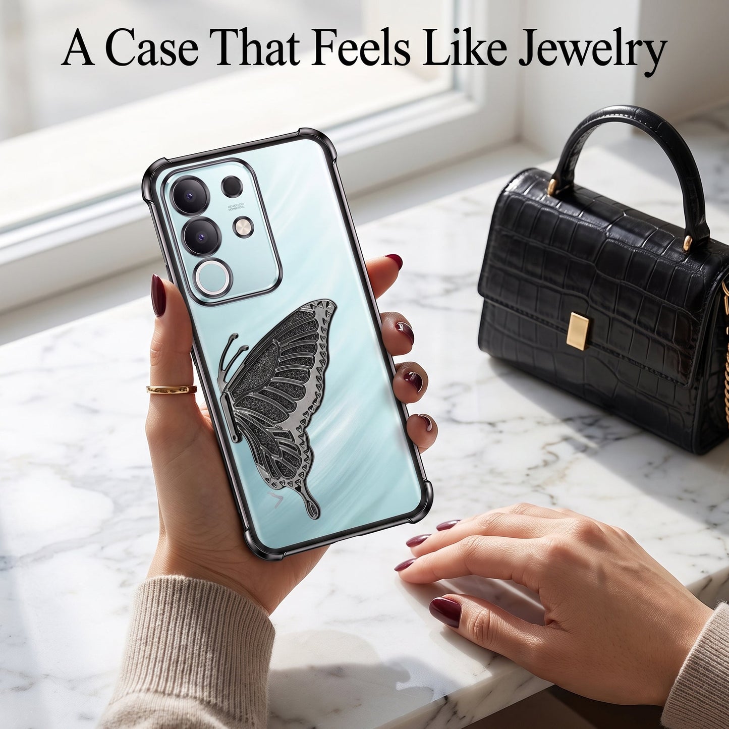 Vivo T4x 5G Premium Butterfly Glitter Stand Transparent Shockproof Airbag Phone Case