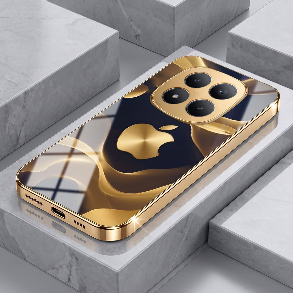 Redmi Note 15 Pro+ 5G Luxury Wave Gold Electroplated Glass Phone Back Case