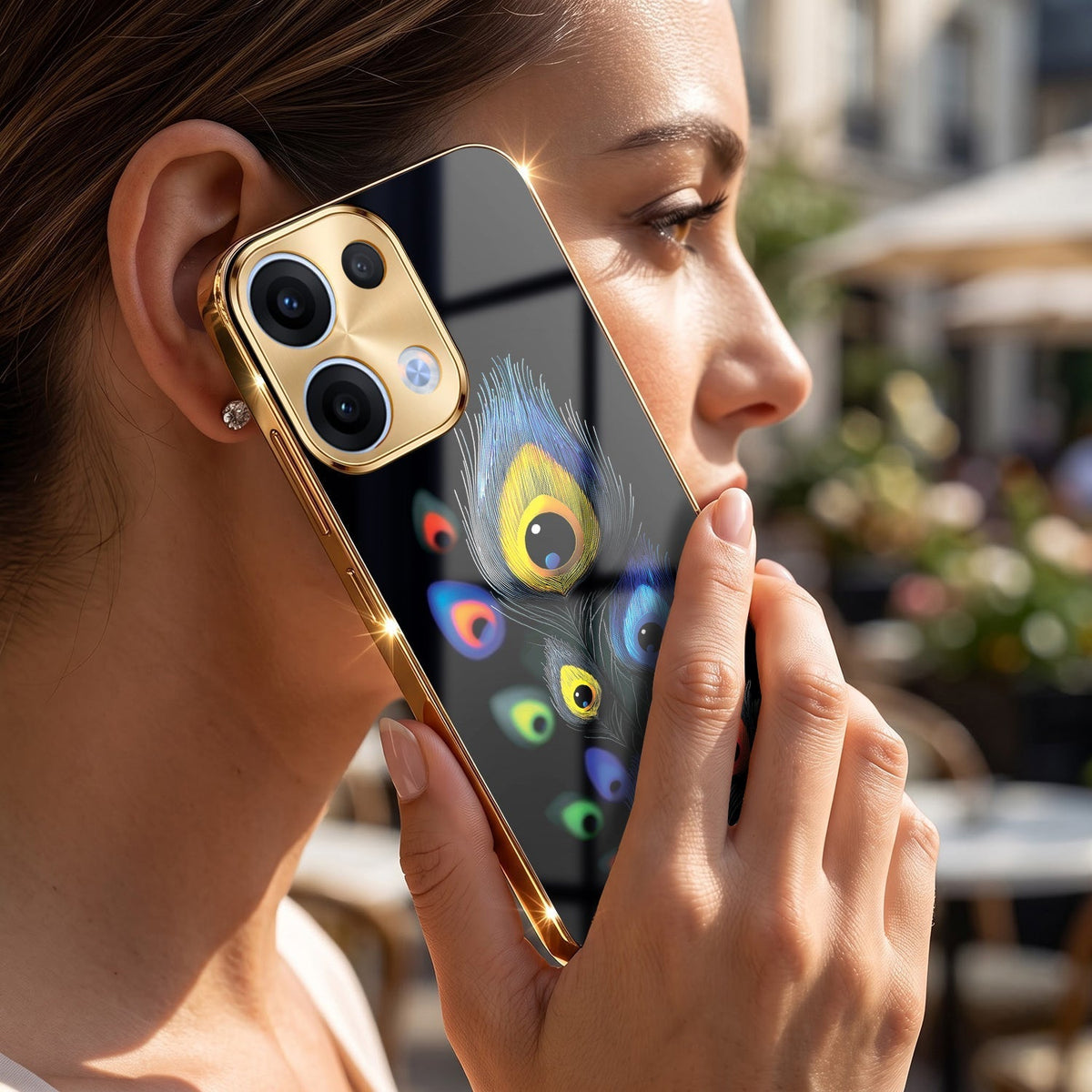 Oppo Reno 13 5G Multi-Feather Peacock Gold Electroplated Glass Phone Back Case