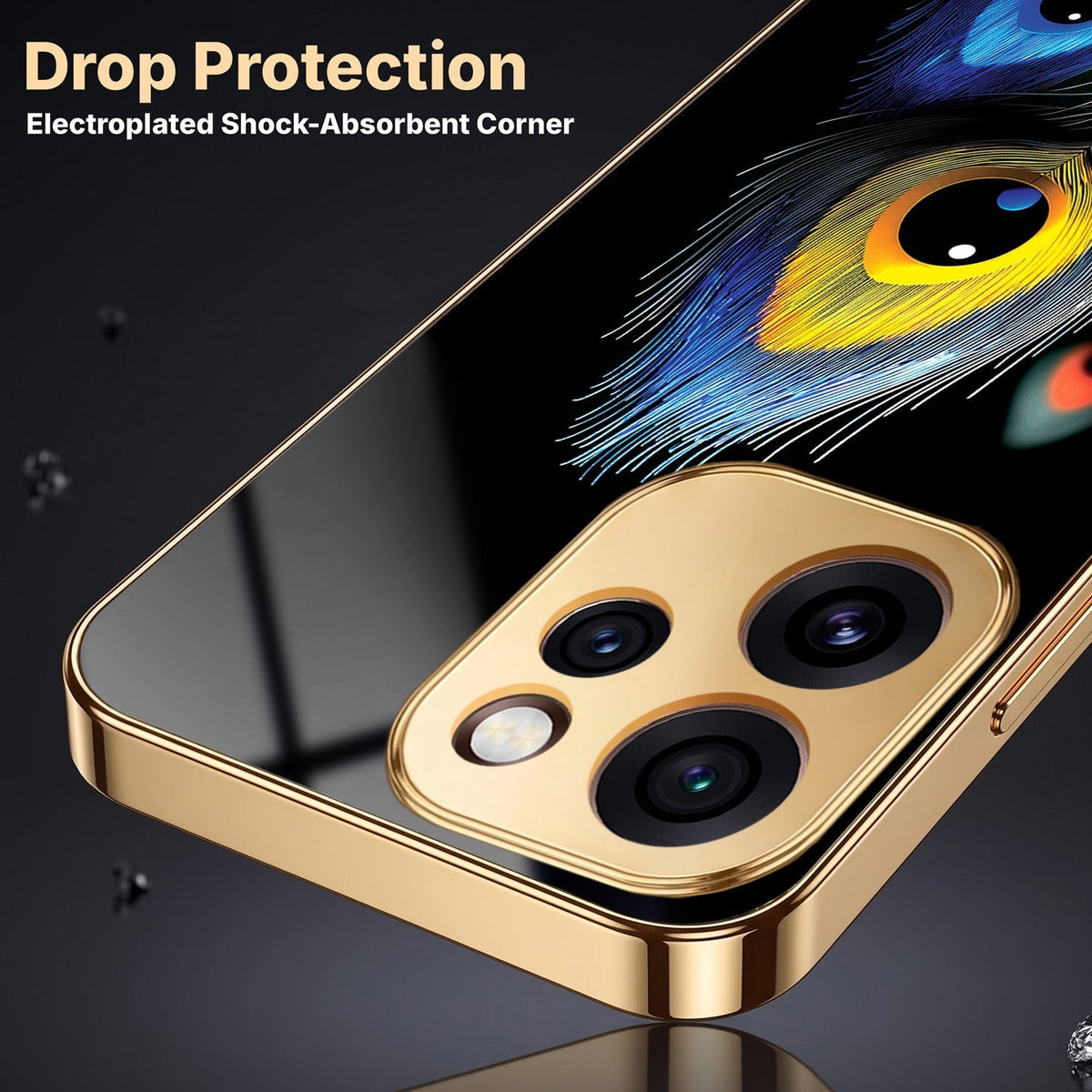 Oppo Reno 15 Pro Mini 5G Multi-Feather Peacock Gold Electroplated Glass Phone Back Case
