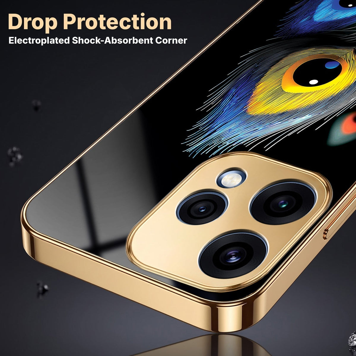 Oppo Reno 15 5G Multi-Feather Peacock Gold Electroplated Glass Phone Back Case