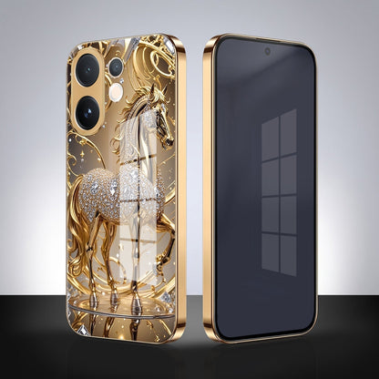 Vivo V60 5G Luxury Horse Texture Gold Electroplated Glass Phone Back Case