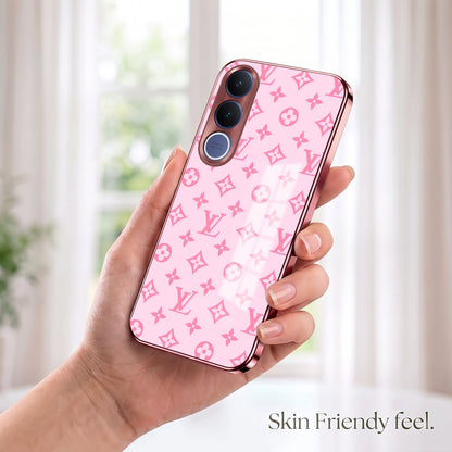 Vivo V70 FE 5G Luxury Monogram Pink Electroplated Glass Phone Back Case