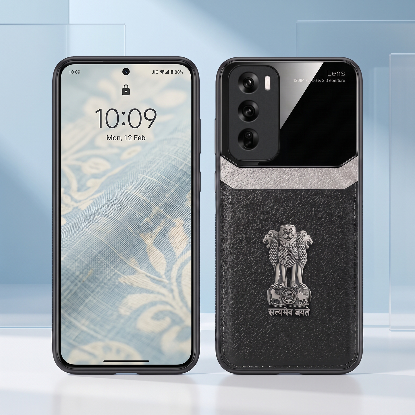 Oppo Reno 12 5G Satyamev Jayate 3D Metal Leather Back Case