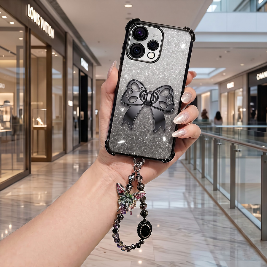 Oppo Reno 15 5G Luxury Shimmer Airbag Bow Stand Case with Charm Strap