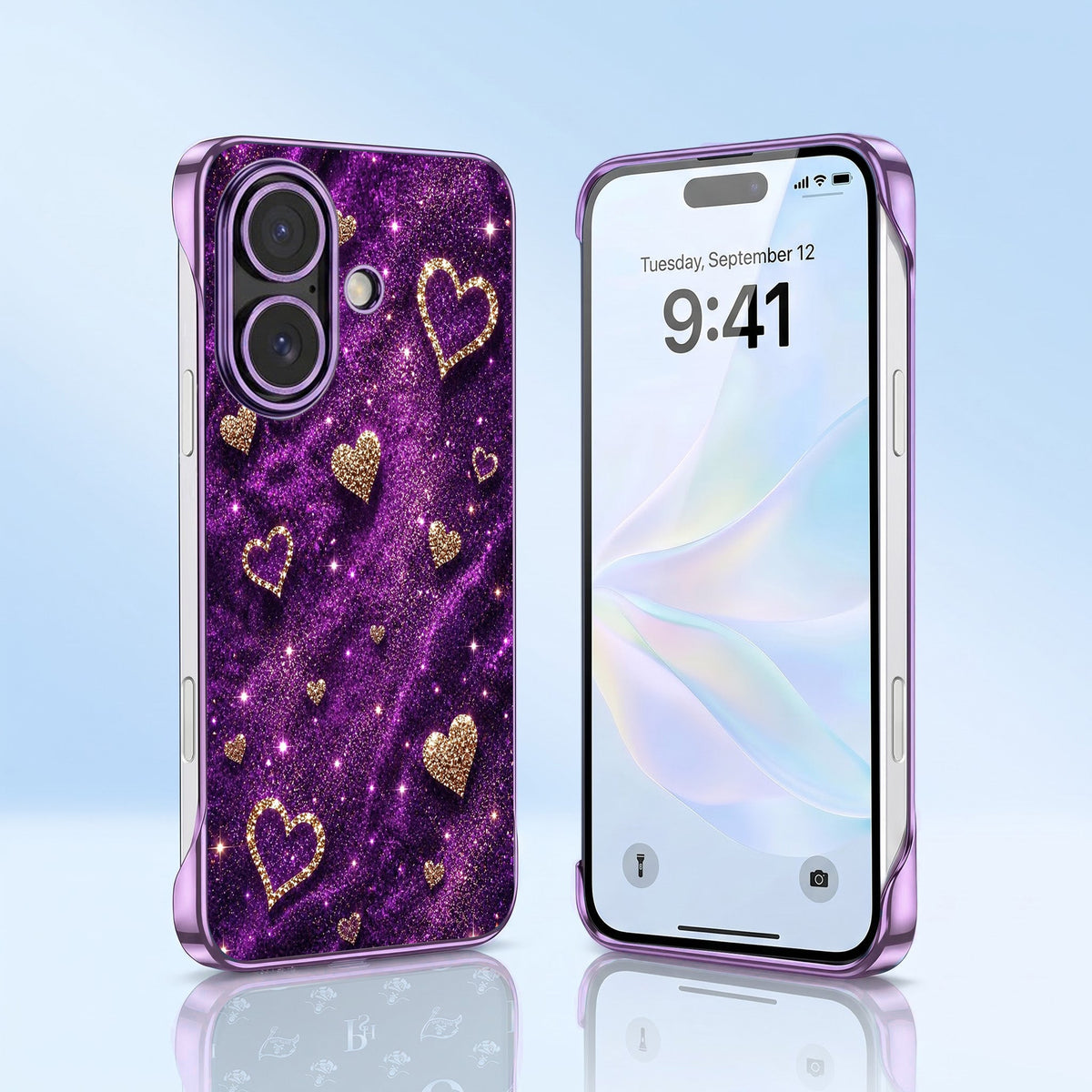 iPhone 16 Plus 5G Glitter Hearts Purple Printed  Frameless Back Case