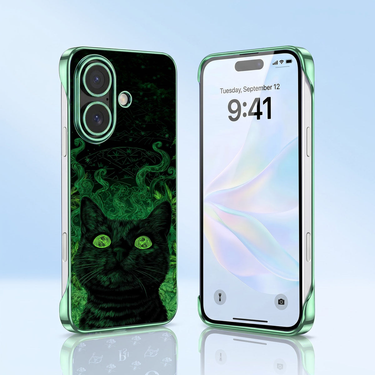 iPhone 16 Plus 5G Mystic Cat Green Printed  Frameless Back Case