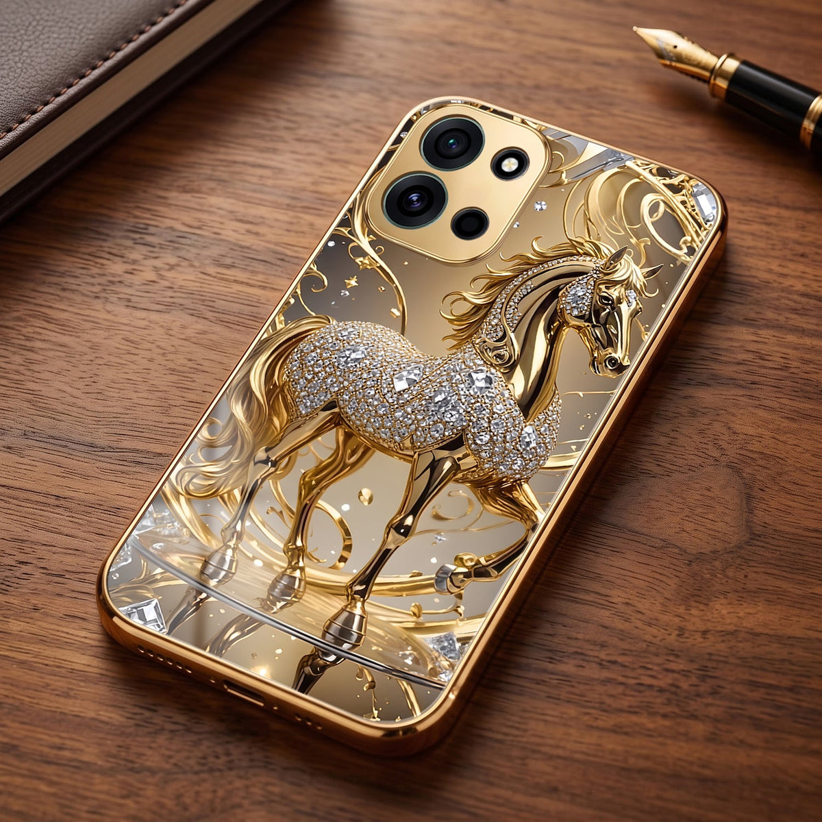 OnePlus Nord 6 5G Luxury Horse Texture Gold Electroplated Glass Phone Back Case