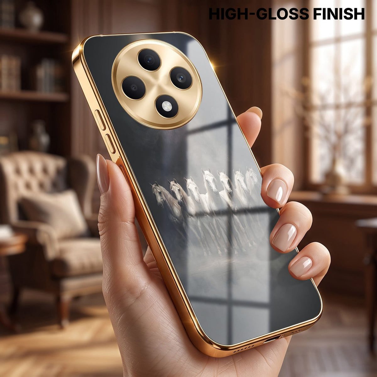 Oppo F27 Pro+ 5G Running Horses Gold Electroplated Glass Phone Back Case