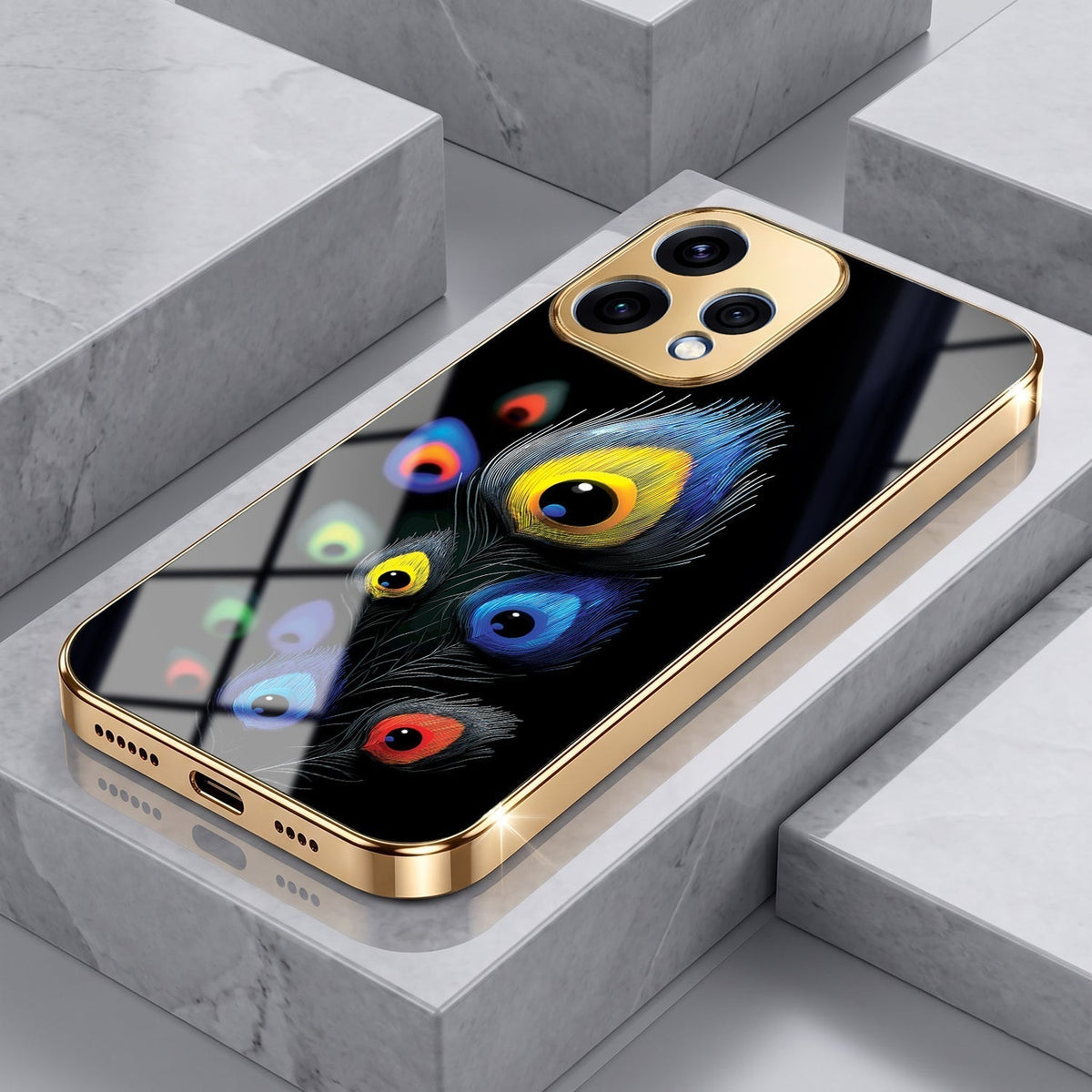 Oppo Reno 15 5G Multi-Feather Peacock Gold Electroplated Glass Phone Back Case