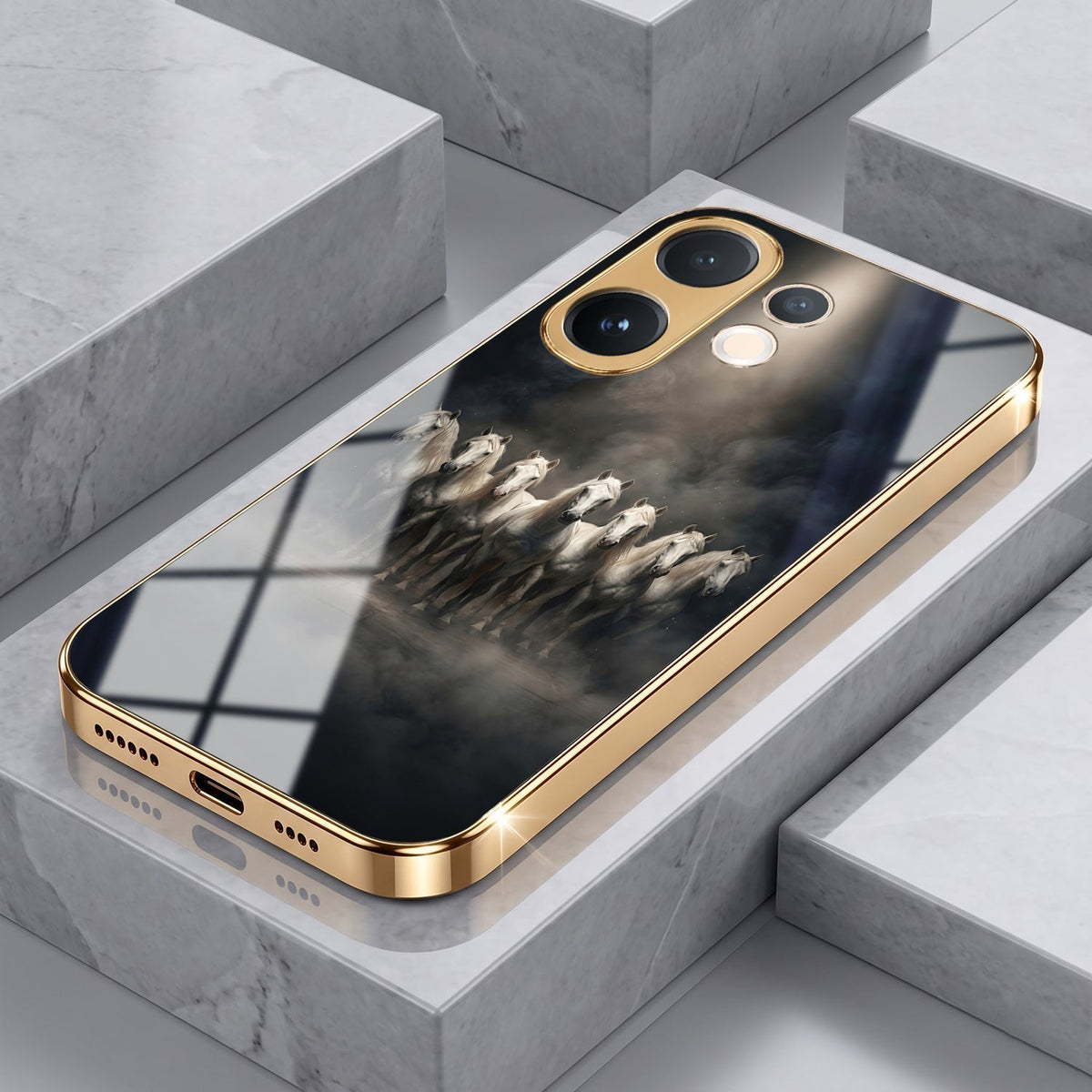 Vivo T4 Pro 5G Running Horses Gold Electroplated Glass Phone Back Case